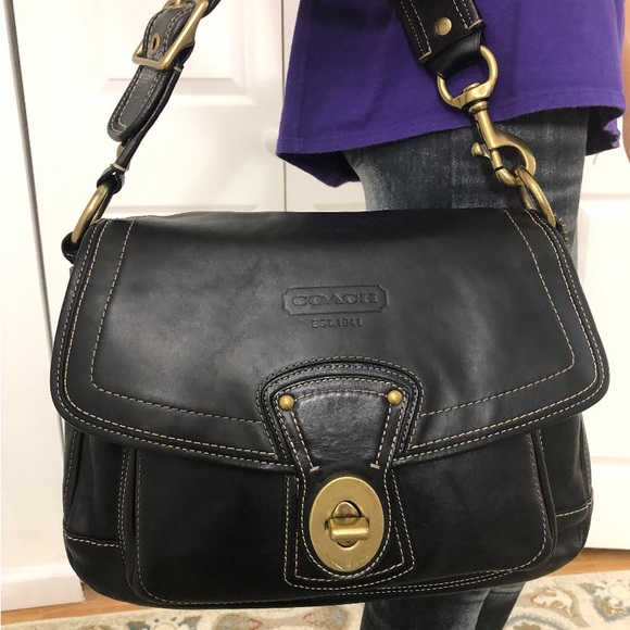 Coach Black Leather Fold-over Flap Turn-lock Hobo Shoulder Purse Bag - Picture 6 of 13